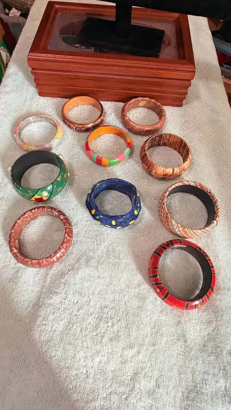 Set of 10 Assorted Vintage Style Boho Wooden and Textured Bangle Bracelets